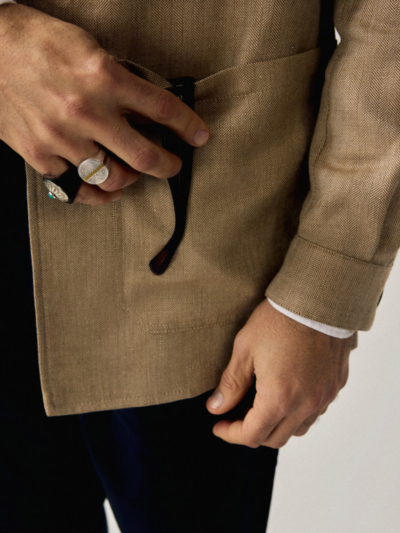 Beige Herringbone Linen Wool Work Jacket