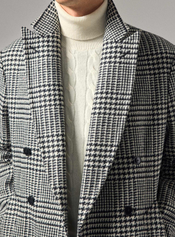 Double-Breasted Overcoat in Black & White Prince of Wales Check