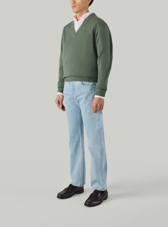 Green Cashmere V-Neck Pullover