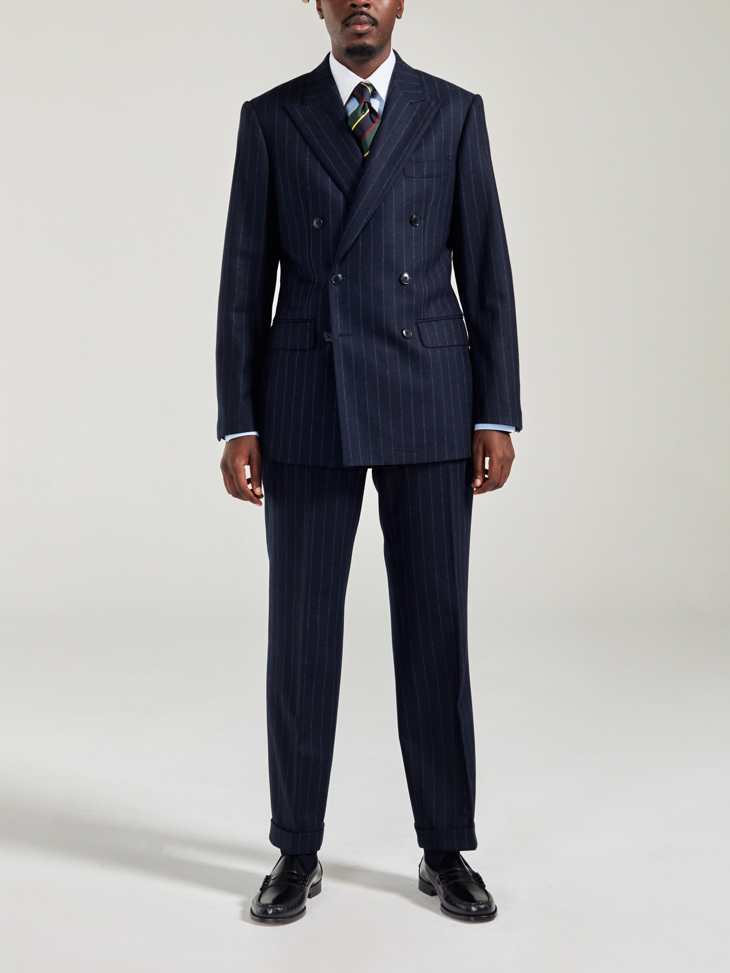 Double breasted navy chalk stripe sale suit