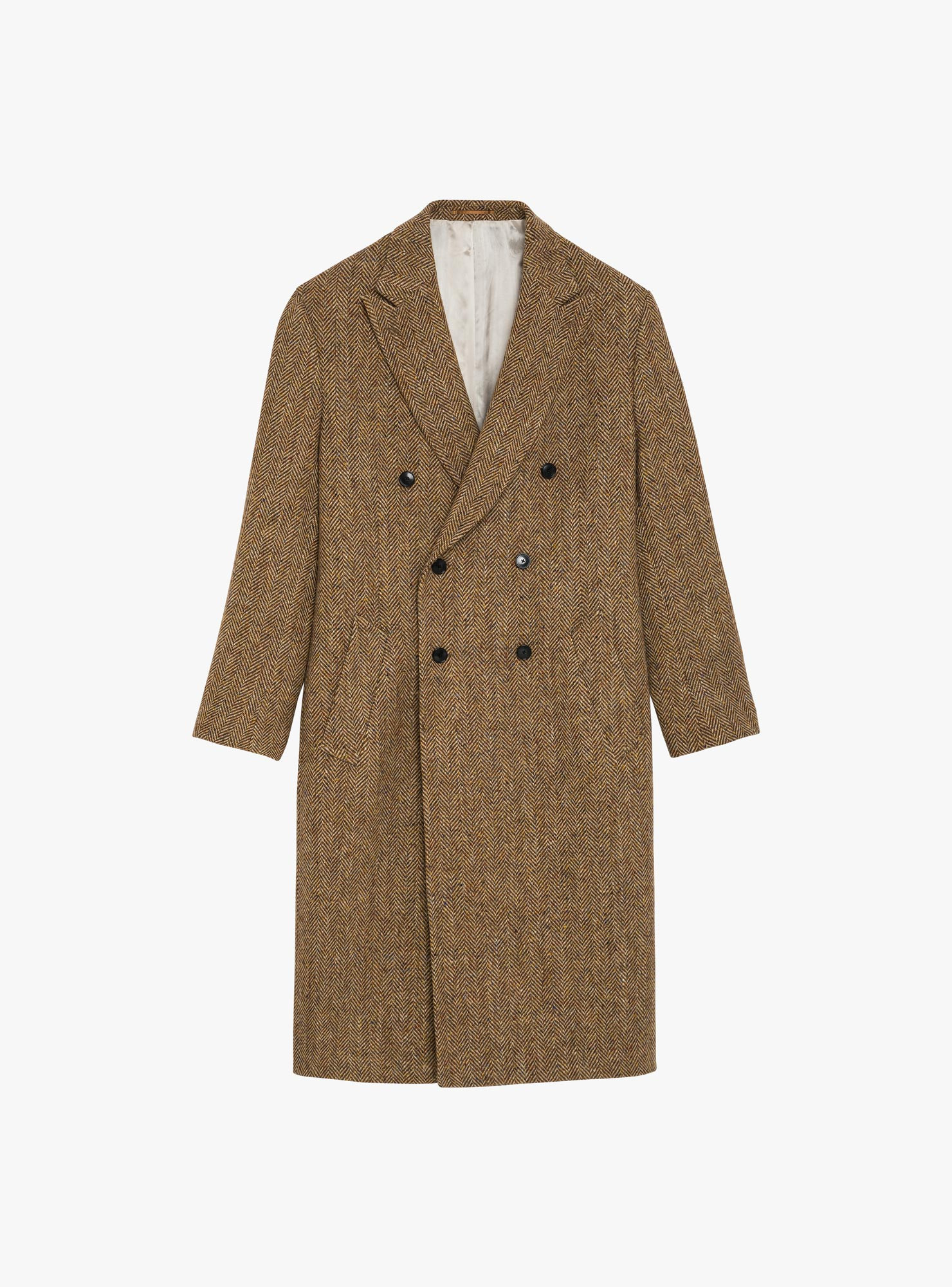 Double-Breasted Overcoat in Camel Herringbone Tweed