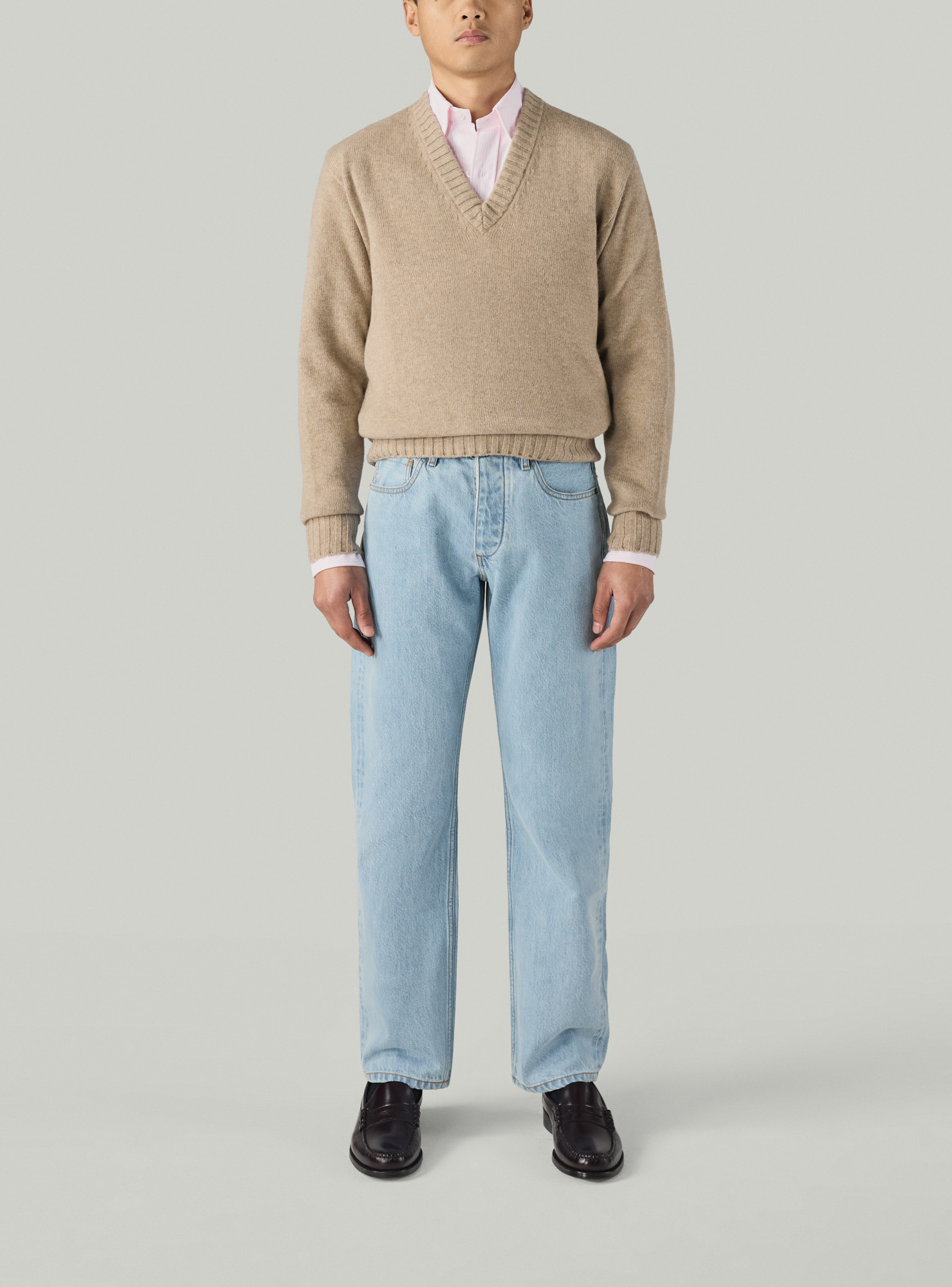 Beige Cashmere V-Neck Pullover