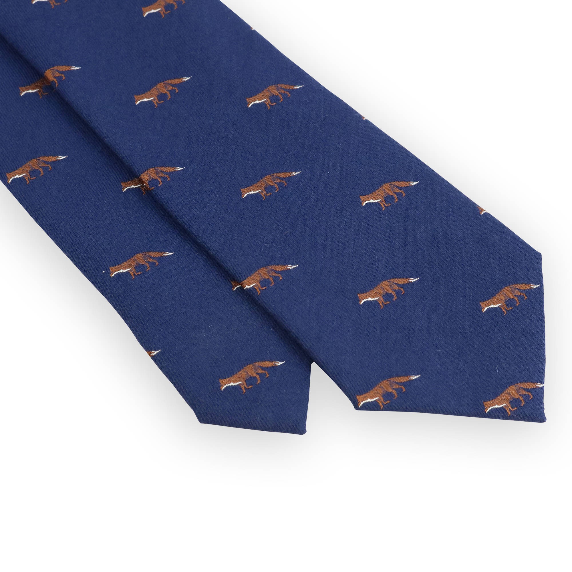 Blue wool and silk tie with fox hunting pattern