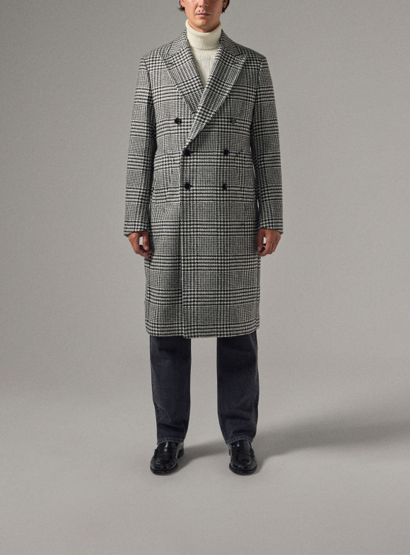 Double-Breasted Overcoat in Black & White Prince of Wales Check