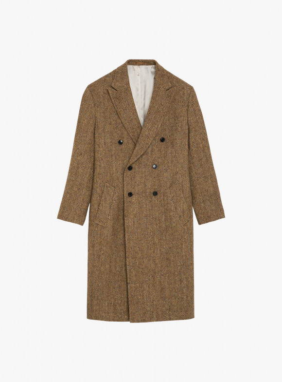 Double-Breasted Overcoat in Camel Herringbone Tweed