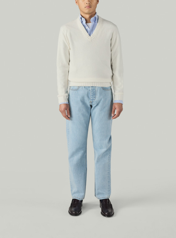 Ecru Cashmere V-Neck Pullover