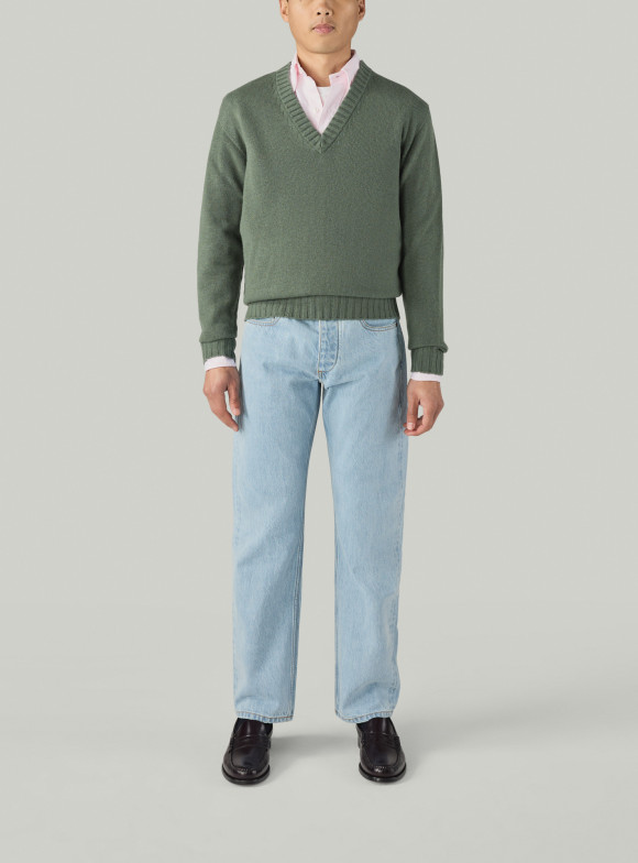 Green Cashmere V-Neck Pullover