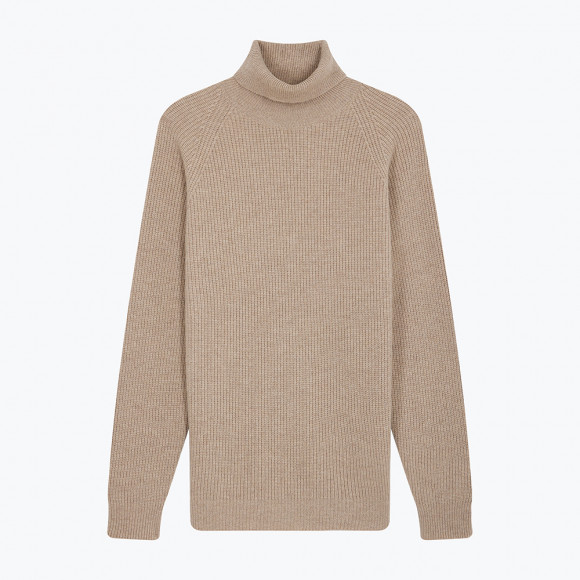 Beige Ribbed Knit Turtleneck Pullover